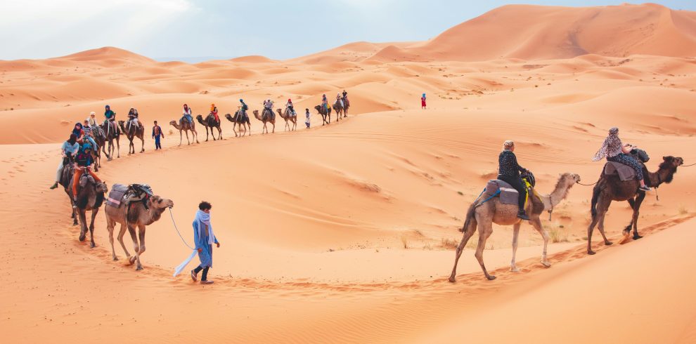 Tourists ride camels across the scenic sand dunes of Merzouga, Morocco.