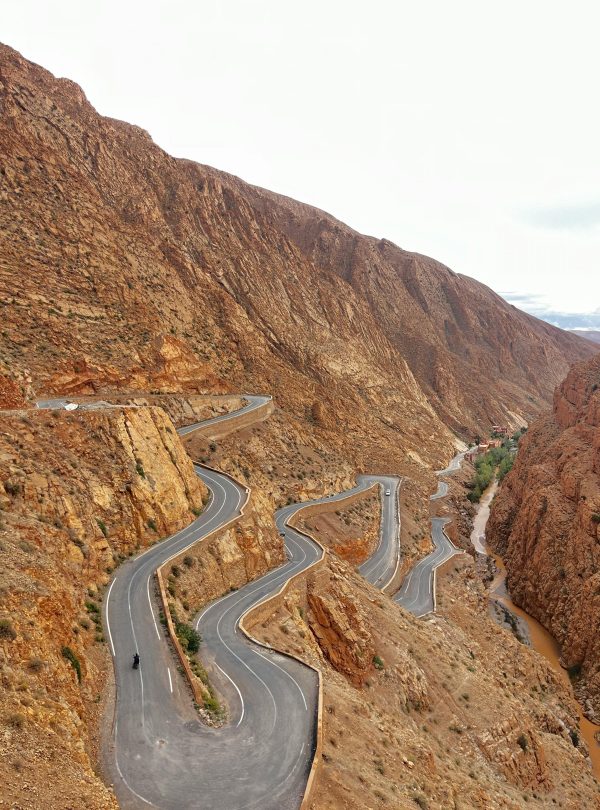 Aerial view of the winding road through Dades Gorges, Morocco.