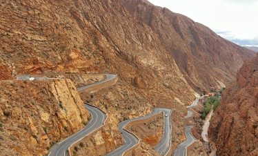 Aerial view of the winding road through Dades Gorges, Morocco.
