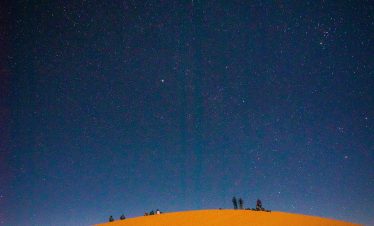 Silhouetted desert scene under a vast starry sky in the Sahara Desert.